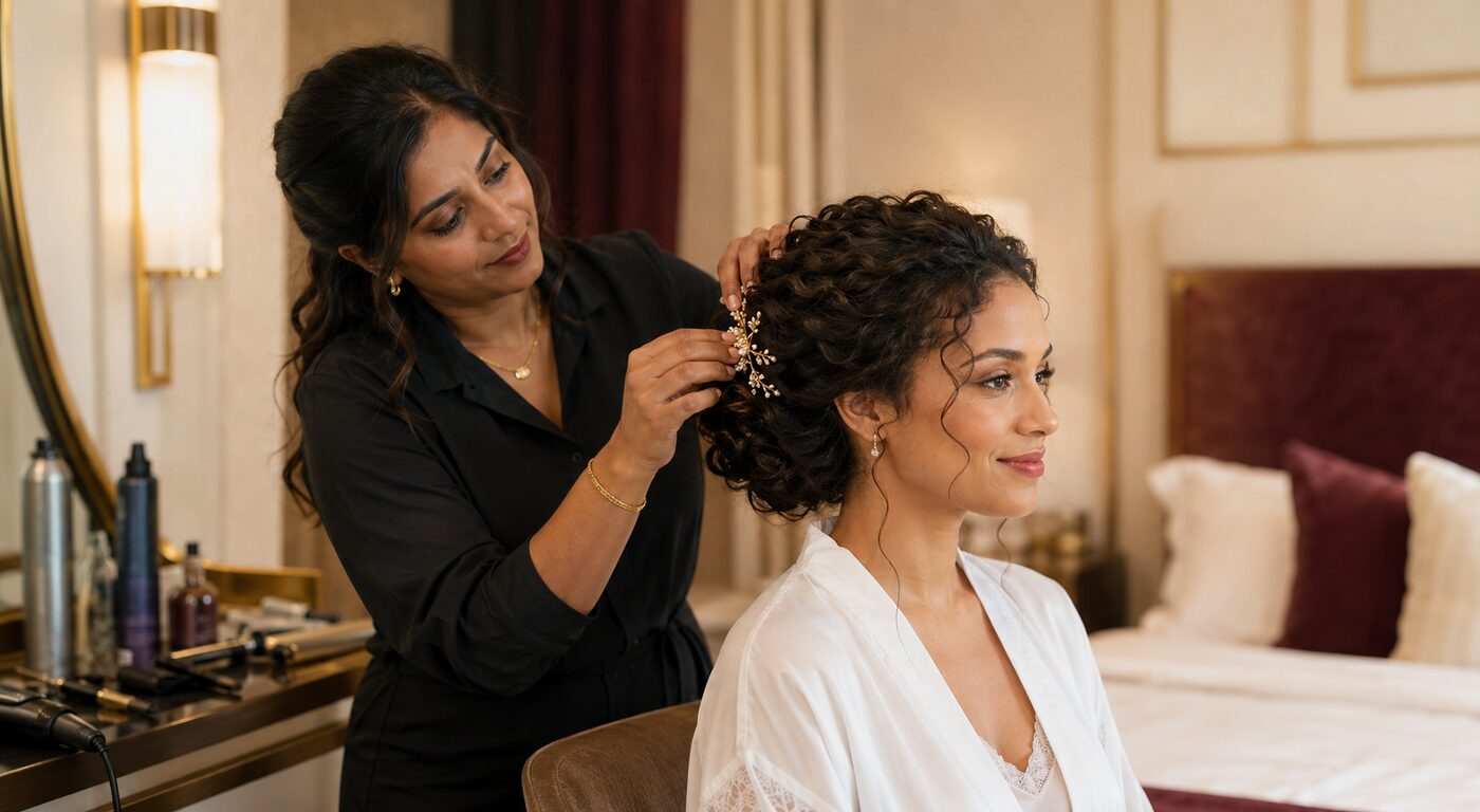 Elegant bridal hair styling in a private suite